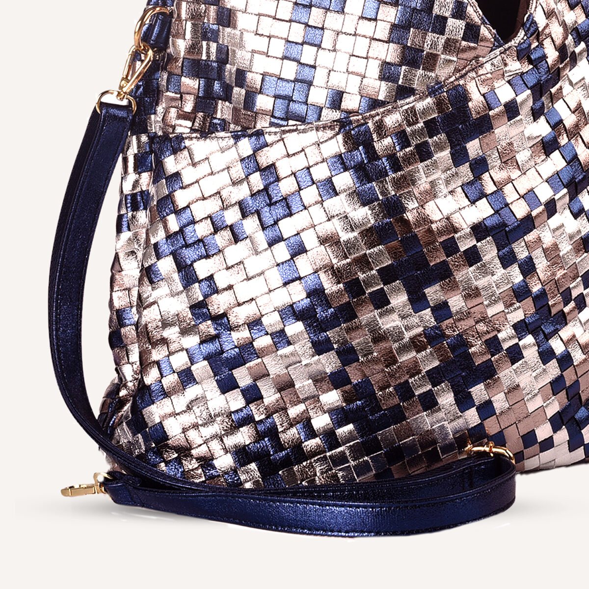 Luxury Woven Metallic Triangle Handbag Blue - Image 5