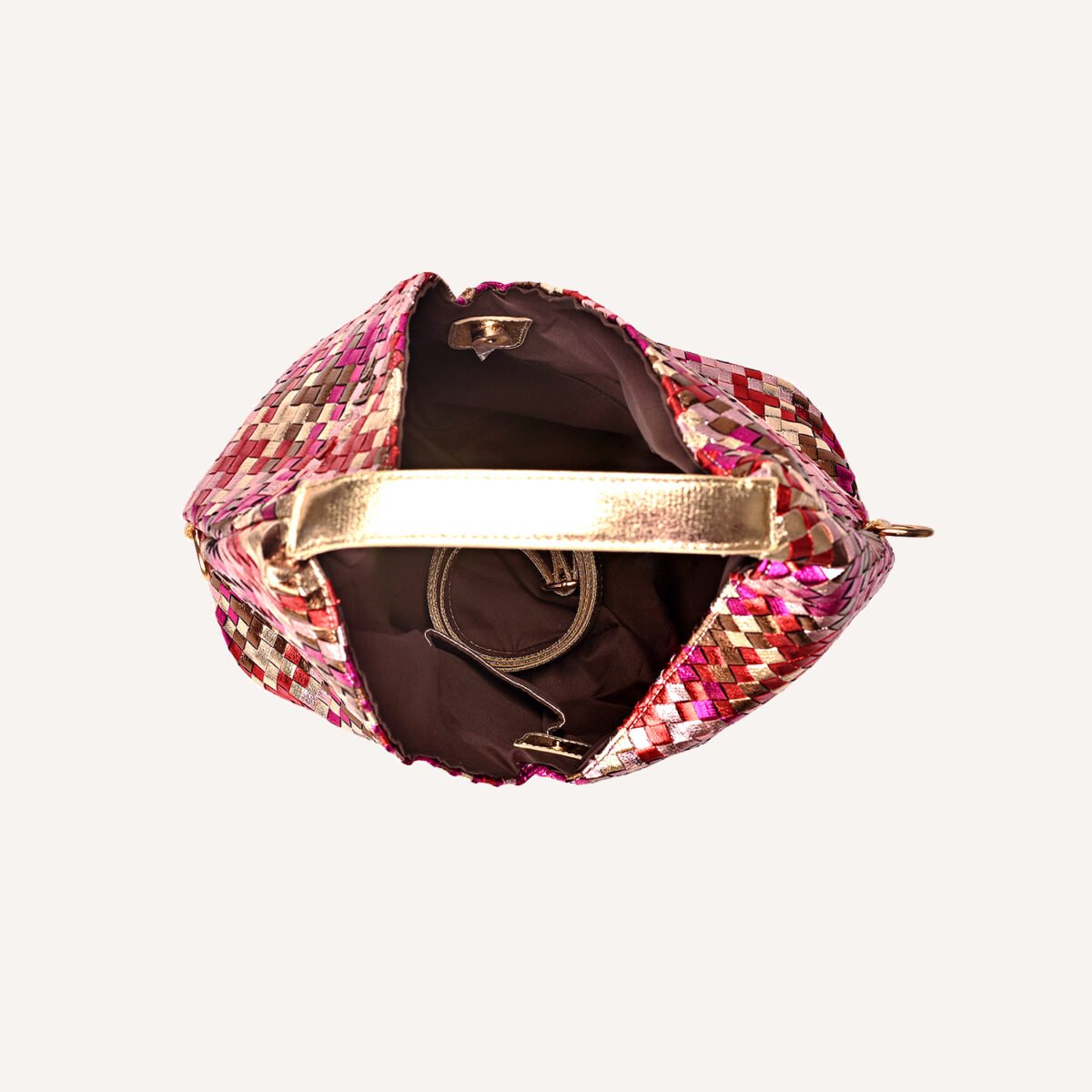 Luxury Woven Metallic Triangle Handbag Pink - Image 8