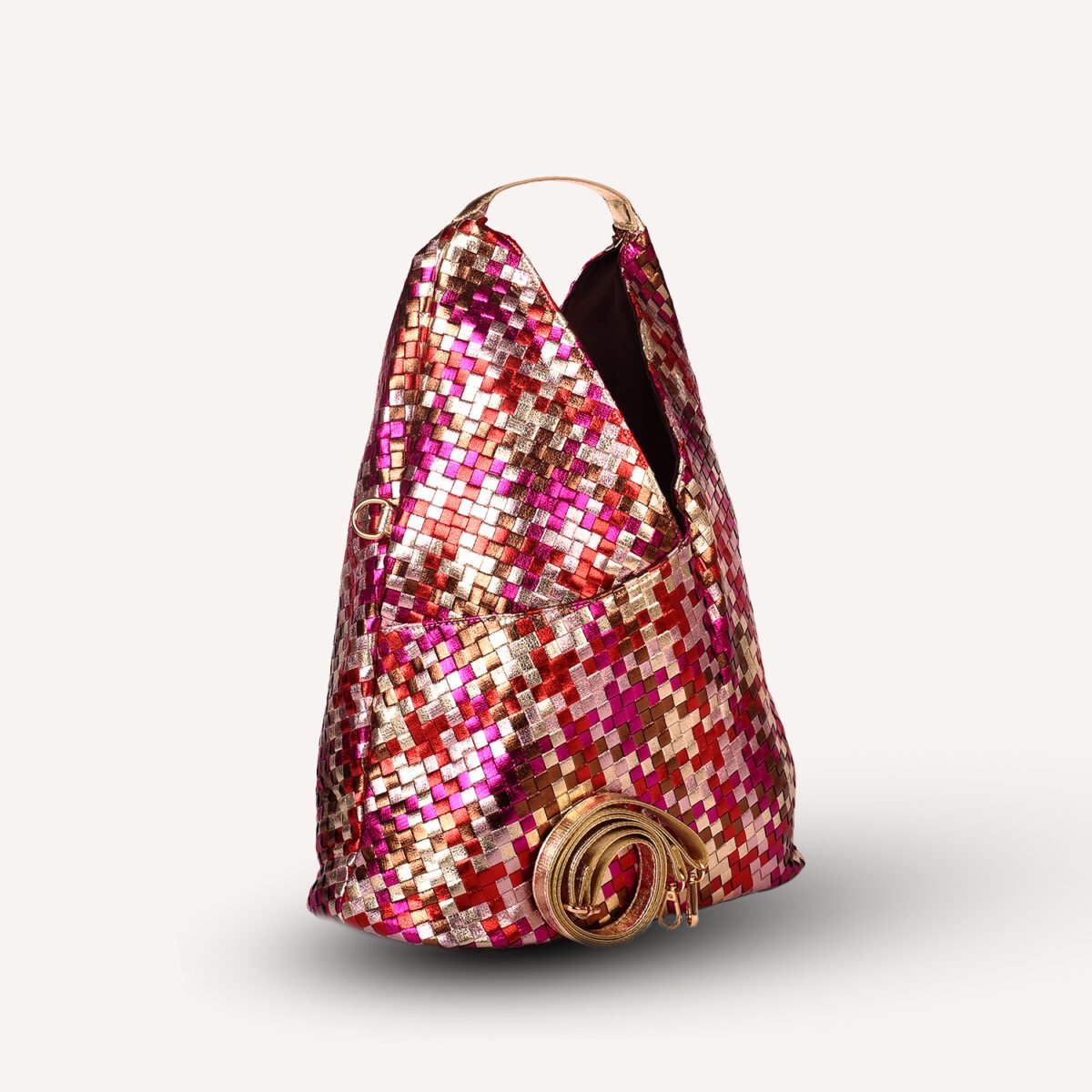 Luxury Woven Metallic Triangle Handbag Pink - Image 3