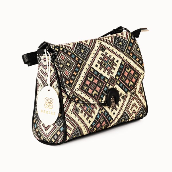 Bexlee Black & Beige Ethnic Pattern Vegan Leather Sling Bag – Stylish, Versatile & Eco-Friendly