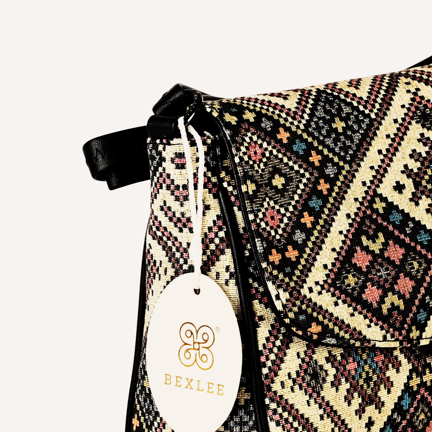 2 Bexlee Black & Beige Ethnic Pattern Vegan Leather Sling Bag – Stylish, Versatile & Eco-Friendly - Image 9